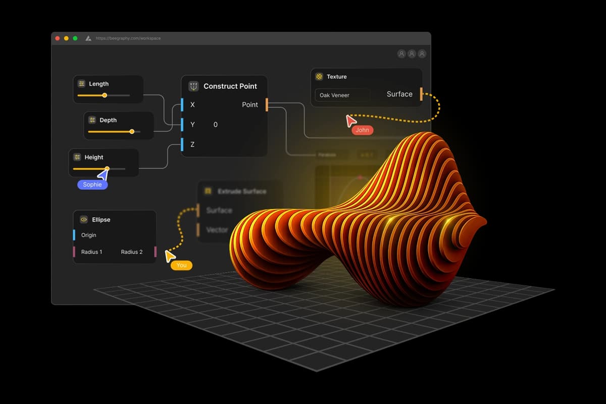 Visual programming editor with node-based interface showing parametric design workflow